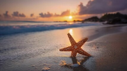 A starfish rests on wet sand at the waters edge on a beach during a golden sunset