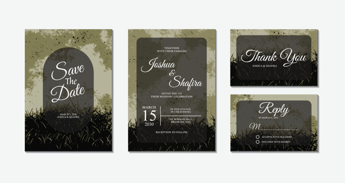 Dark moody rustic wedding invitation cards set with grass silhouette and arch frame including save the date, thank you, and rsvp templates