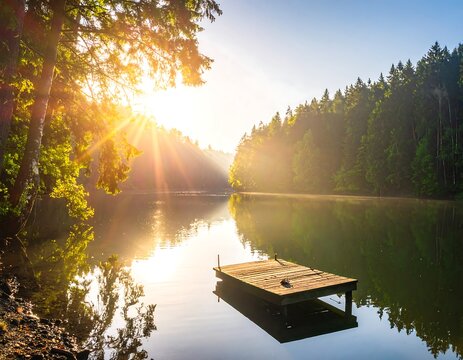 A scenic lake reflects sun rays piercing a forest canopy, illuminating a wooden dock. Mist hangs over the water's surface - Powered by Adobe