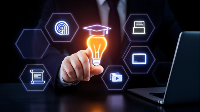 Online education courses and e learning concept with lightbulb and graduation cap for digital learning