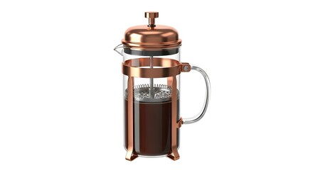 Copper French Press Coffee Maker Filled with Brewed Coffee on White Background