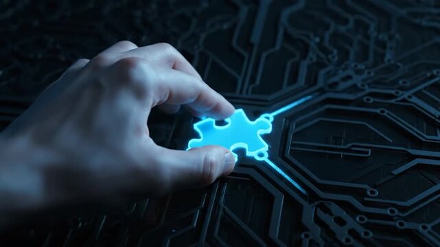 A hand places a glowing blue jigsaw puzzle piece onto a circuit board design