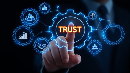 Trust and business concept with gears and icons for partnership and collaboration online network