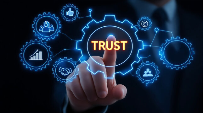 Trust and business concept with gears and icons for partnership and collaboration online network