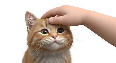 Cute Orange Cat Being Patched with Hand in White Background