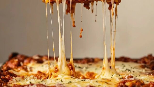 Delicious lasagna with a generous cheese pull, showcasing the melty, stringy texture. The dish looks incredibly tempting and appetizing