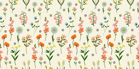 Seamless floral pattern with colorful flowers and leaves for wallpaper or fabric design