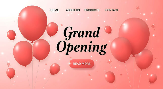 Coral balloons float around Grand Opening text with read more button pink