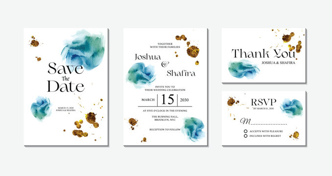Set of blue watercolor wedding invitation cards with gold splatter accents including save the date, thank you, and rsvp templates