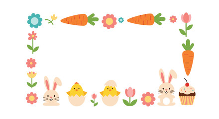 Cute easter border with bunnies chicks carrots and flowers.