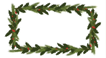 A festive border of green pine needles and red berries for holiday greetings.