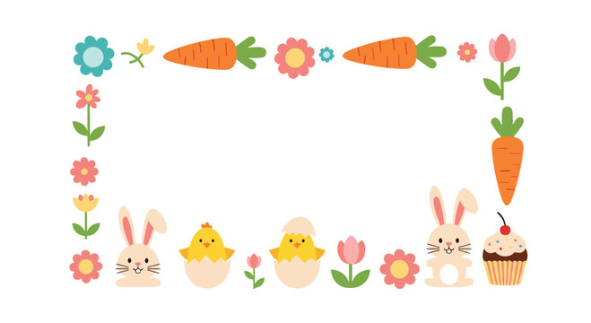 Cute easter border with bunnies chicks carrots and flowers.