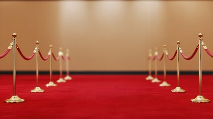 Red Carpet Entrance: An inviting red carpet pathway, adorned with elegant stanchions and velvet ropes, beckons viewers towards an event of prestige and significance.