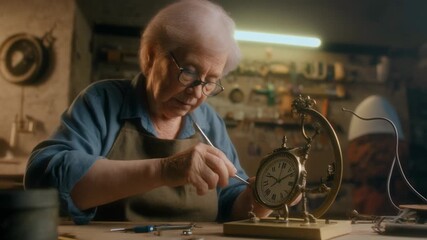 An elderly woman with glasses and an apron meticulously repairs a vintage clock with a small tool in a dimly lit workshop.