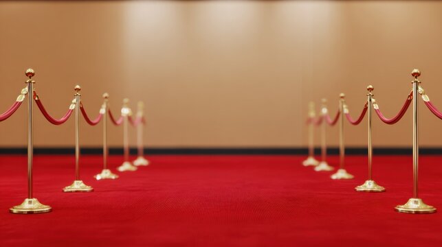 Red Carpet Entrance: An inviting red carpet pathway, adorned with elegant stanchions and velvet ropes, beckons viewers towards an event of prestige and significance.