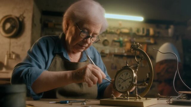 An elderly woman with glasses and an apron meticulously repairs a vintage clock with a small tool in a dimly lit workshop.