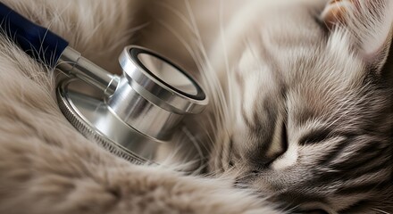 Cute Sleeping Cat Resting with Stethoscope on Fur in Warm Cozy Setting