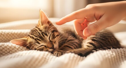 Cute Tabby Cat Sleeping with Human Hand Touching in Warm Natural Light