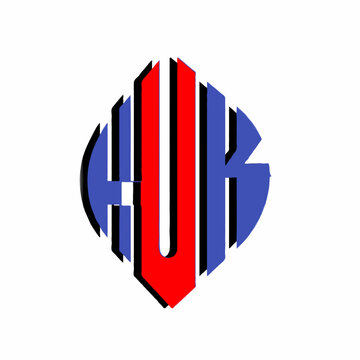 Illustration of a stylized huk logo with red u and blue h and k on a white background design element