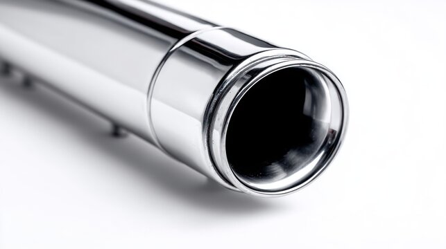 A close-up of a shiny, chrome-plated metal pipe with a smooth, polished surface, isolated on a white background.
