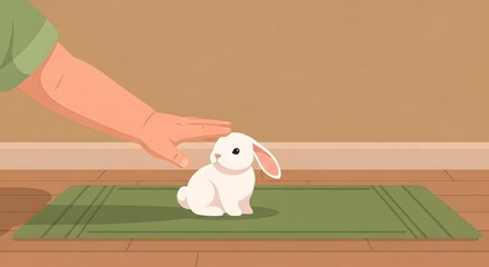Cute White Bunny Sitting on Green Mat with Hand Petting in Indoor Setting
