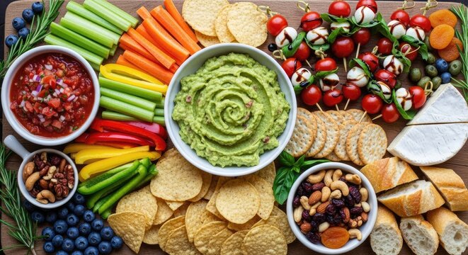 A colorful and vibrant vegetable platter with a variety of fresh vegetables, including carrots, celery, bell peppers, and tomatoes - Powered by Adobe