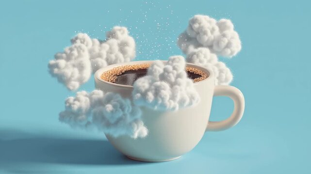 coffee cup with floating clouds inside, dreamy surreal minimal stock style