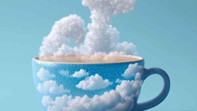 coffee cup with floating clouds inside, dreamy surreal minimal stock style