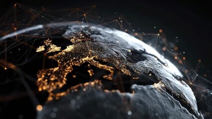 A stylized globe from space with a glowing digital network overlaying the bright city lights of a continent at night The planets surface is dark and textured - Powered by Adobe