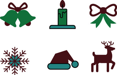 Christmas icons set with bells, candle, bow, snowflake, Santa hat, and reindeer, festive cartoon vector for holiday decor, greeting cards, and design