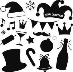 Christmas and New Year icon set, black silhouette style, festive symbols, hats, mustache, music, cheers bottle, perfect for party clipart, cards, decor
