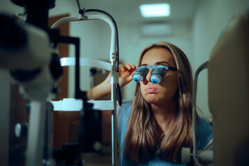 Funny Patient During Eye Examination  in a Clinic. Silly concept of vision consultation in medical cabinet