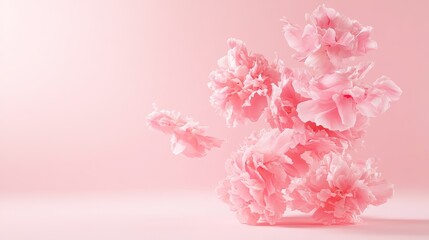 8.Dreamy pink peony petals gently floating in mid-air against a soft pastel pink background, capturing a sense of delicate motion and floral elegance with a romantic atmosphere.