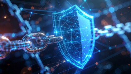 Cyber Shield: A glowing digital shield, symbol of robust protection, intricately linked to a chain, forming a visual representation of secure technology in a mesmerizing digital realm.