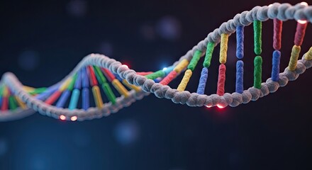 A colorful DNA strand with red, blue, green, and yellow segments against a dark background.