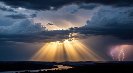 Sunlight streaming through clouds, creating a dramatic and serene atmosphere. The scene features a river and a mountain range in the background.