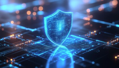 Digital Shield: A futuristic, glowing shield hovers protectively above an intricate circuit board, symbolizing security and the safeguarding of data in the digital age. 