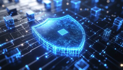 Cybersecurity Shield: Illuminated shield symbolizes protection and digital security, set against an intricate circuit board background.