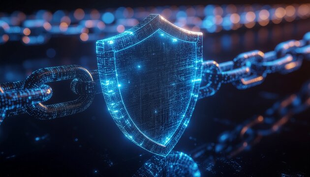 Digital Shield: a digital shield, the epitome of cybersecurity and data protection, intricately linked to a chain in the digital world, symbolizes security in the technology landscape.