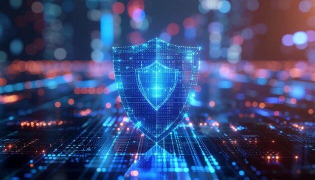 Cybersecurity Shield: A vibrant, glowing digital shield pulsates with energy, overlaid on a complex network of data streams, symbolizing robust protection and secure access.