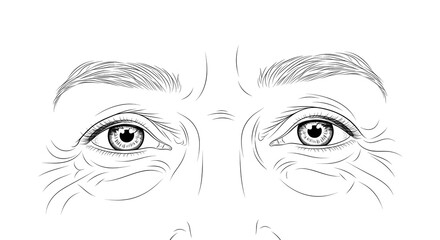 Detailed Line Drawing of Elderly Woman's Eyes with Wrinkles in Black and White