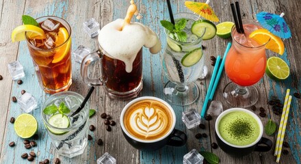 A variety of beverages and drinks on a rustic wooden table with ice cubes, straws, and umbrellas.