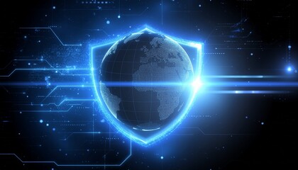 Obraz premium Digital Security Shield: A radiant blue shield encompasses a 3D Earth, symbolizing global protection within a complex digital network.