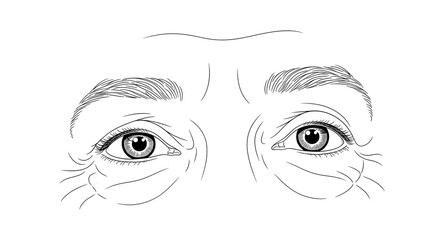 Detailed Line Drawing of Elderly Eyes with Wrinkles and Eyebrows