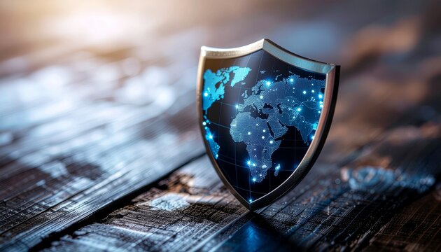 Global Defense: A conceptual image illustrating global protection. a futuristic metallic shield featuring a world map glows with data points, rests on a rustic wooden surface.