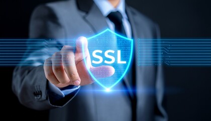 Digital Security at Your Fingertips: A business person, pointing at a glowing shield with SSL inscribed, illustrating the importance of secure web connections and data encryption in the digital age.