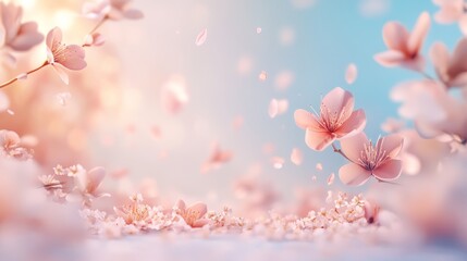 Fototapeta premium 27.A dreamy floral composition featuring delicate pink petals, airy blossoms, and soft-focus lighting, creating a gentle, whimsical romantic atmosphere.