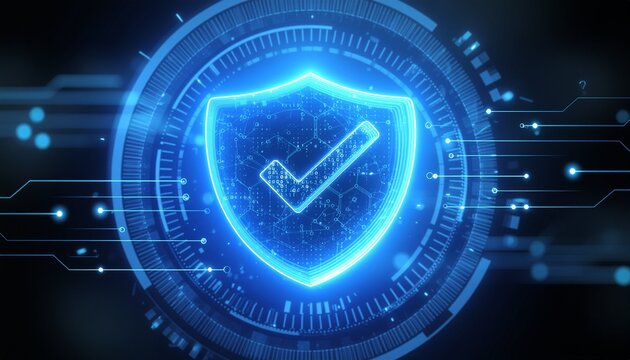 Digital Security Shield: A radiant, futuristic shield, glowing with intricate detail and a prominent checkmark, symbolizing robust security and protection against digital threats.