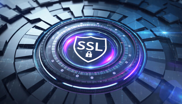 Digital Security Seal: A high-tech digital shield, the SSL seal signifying robust online security, sits prominently. The image encapsulates concepts of cyber security, data protection.