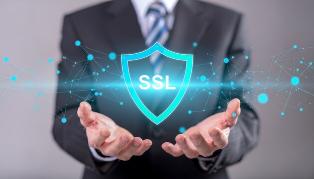 SSL Protection: A professional figure holds a glowing SSL symbol representing data encryption. The image portrays secure connections and internet safety.